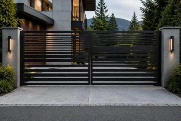 Horizontal slat driveway gate design TM-GA-117. Closely spaced horizontal slats, flush top rail.