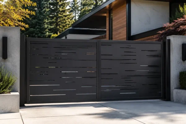 Horizontal slat driveway gate design TM-GA-118. Irregular horizontal cuts of varying length.
