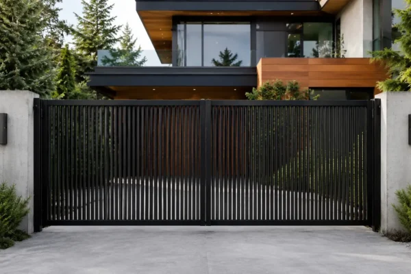 Vertical picket and fin driveway gate design TM-GA-119. Dense vertical pickets over a solid lower band.