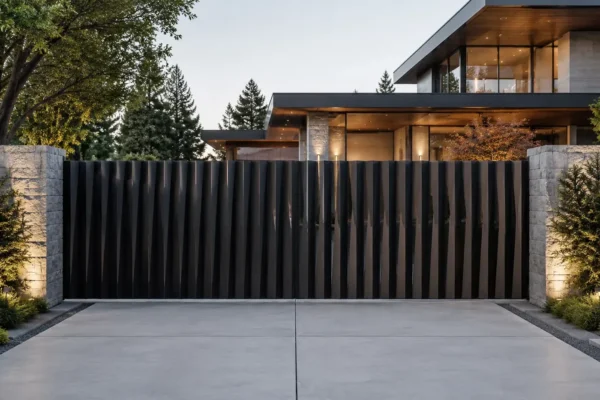 Vertical picket and fin driveway gate design TM-GA-120. Vertical fins set at staggered depths.