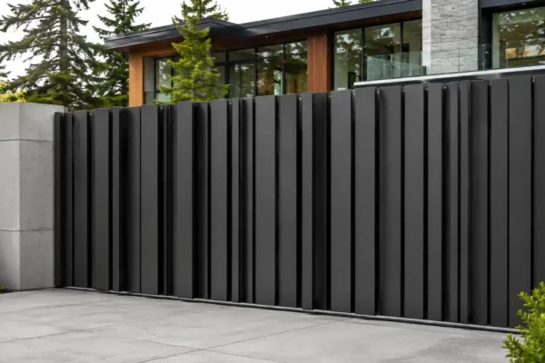 Vertical picket and fin driveway gate design TM-GA-121. Angled vertical fins forming a louvred face.