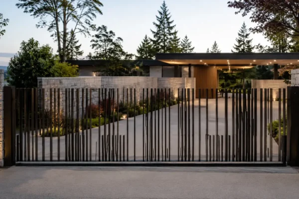 Vertical picket and fin driveway gate design TM-GA-122. Vertical rods rising to varying heights.