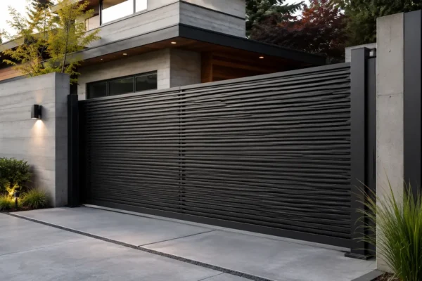 Solid privacy panel driveway gate design TM-GA-123. Fine horizontal ribbing across a solid face.