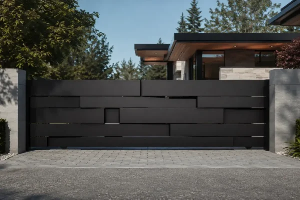 Solid privacy panel driveway gate design TM-GA-124. Offset rectangular blocks in shallow relief.