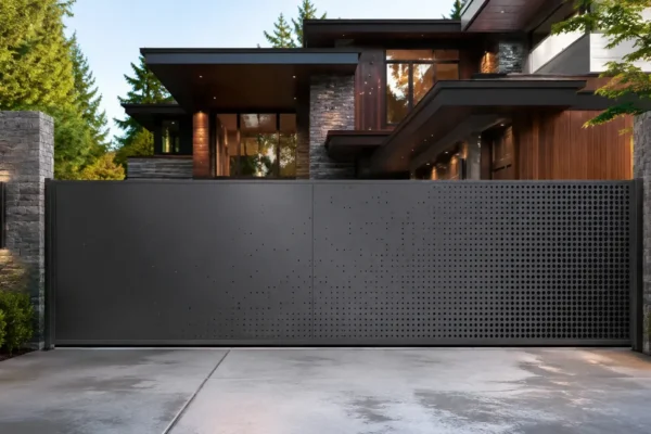 Solid privacy panel driveway gate design TM-GA-125. Solid panel with a perforated mesh half.