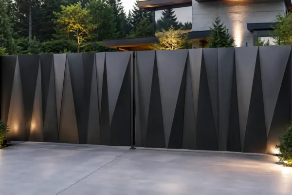 Solid privacy panel driveway gate design TM-GA-126. Triangular folded facets in shallow relief.
