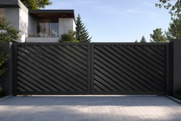 Solid privacy panel driveway gate design TM-GA-127. Diagonal chevron ribbing meeting at the centre.
