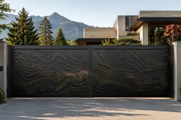 Solid privacy panel driveway gate design TM-GA-128. Flowing engraved wave pattern across both leaves.