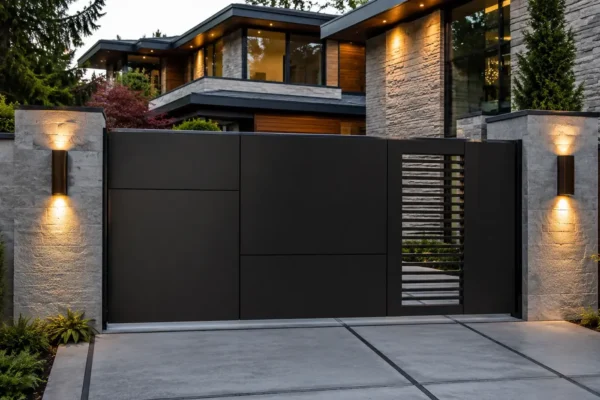 Solid privacy panel driveway gate design TM-GA-129. Solid panel with a matching pedestrian gate alongside.