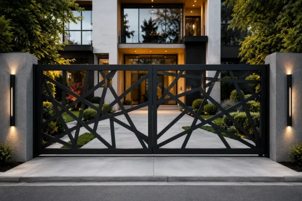 Laser-cut screen driveway gate design TM-GA-130. Abstract branch and twig pattern, laser cut.