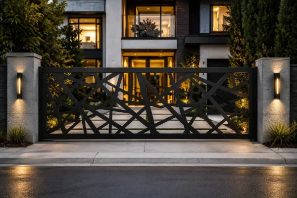 Laser-cut screen driveway gate design TM-GA-131. Angular intersecting line work, laser cut.