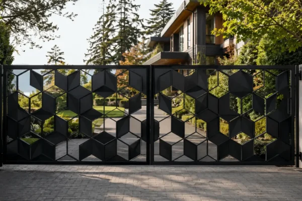 Laser-cut screen driveway gate design TM-GA-132. Repeating three-dimensional cube pattern.