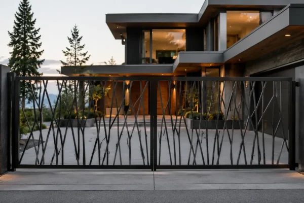 Laser-cut screen driveway gate design TM-GA-133. Reed and grass motif rising from the bottom rail.