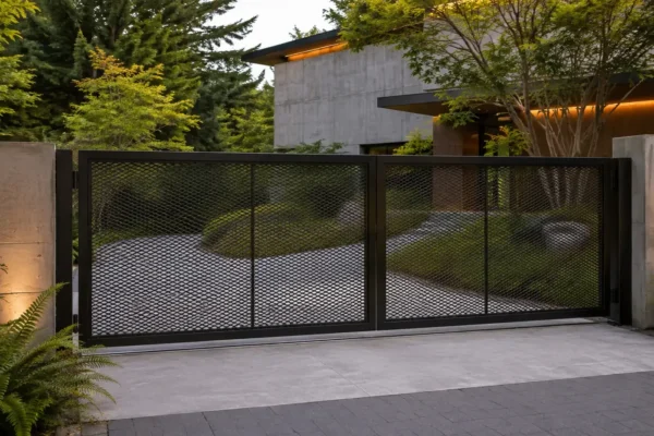 Laser-cut screen driveway gate design TM-GA-134. Fine expanded metal mesh in a plain frame.