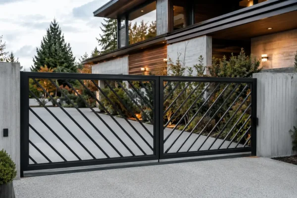 Laser-cut screen driveway gate design TM-GA-135. Closely spaced diagonal bars corner to corner.
