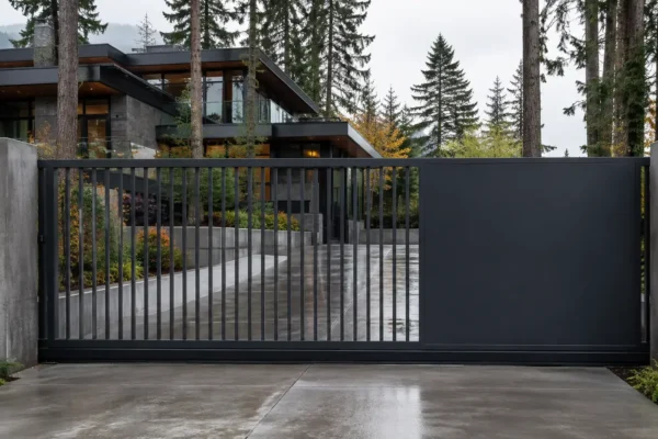 Laser-cut screen driveway gate design TM-GA-136. Open picket section beside a solid panel.