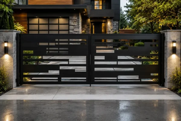Mixed panel driveway gate design TM-GA-137. Solid rectangular blocks mixed with open slots.