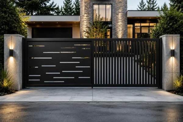 Mixed panel driveway gate design TM-GA-138. Linear dashes on one leaf, vertical pickets on the other.