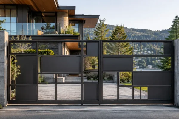 Mixed panel driveway gate design TM-GA-139. Grid frame alternating solid and open panels.