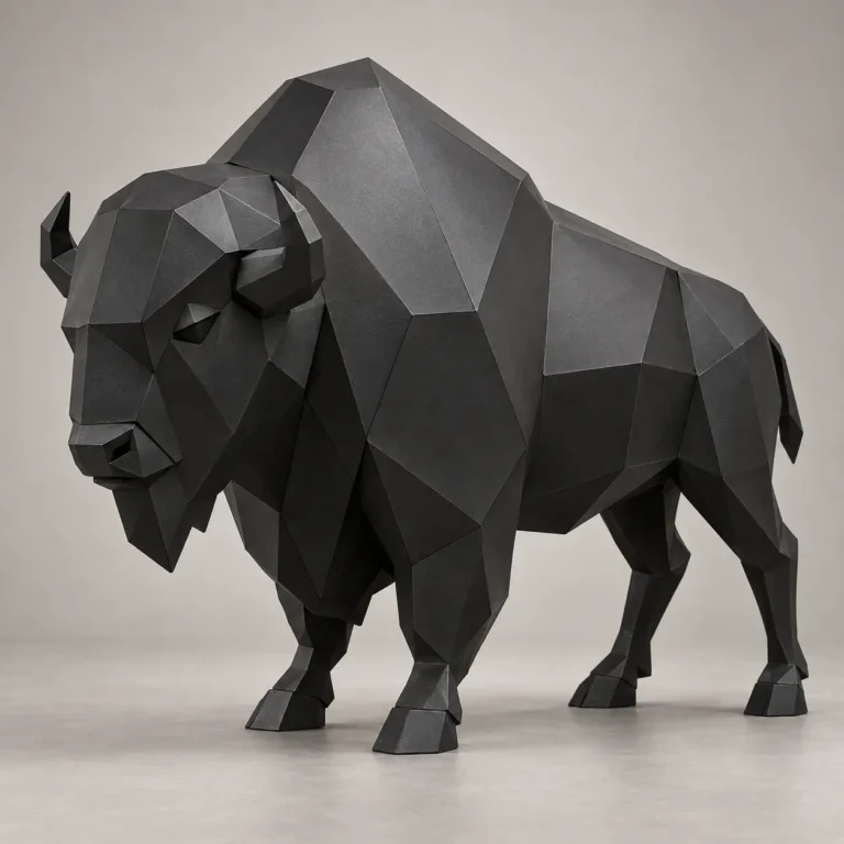 Faceted matte black metal bison sculpture standing with its heavy head lowered