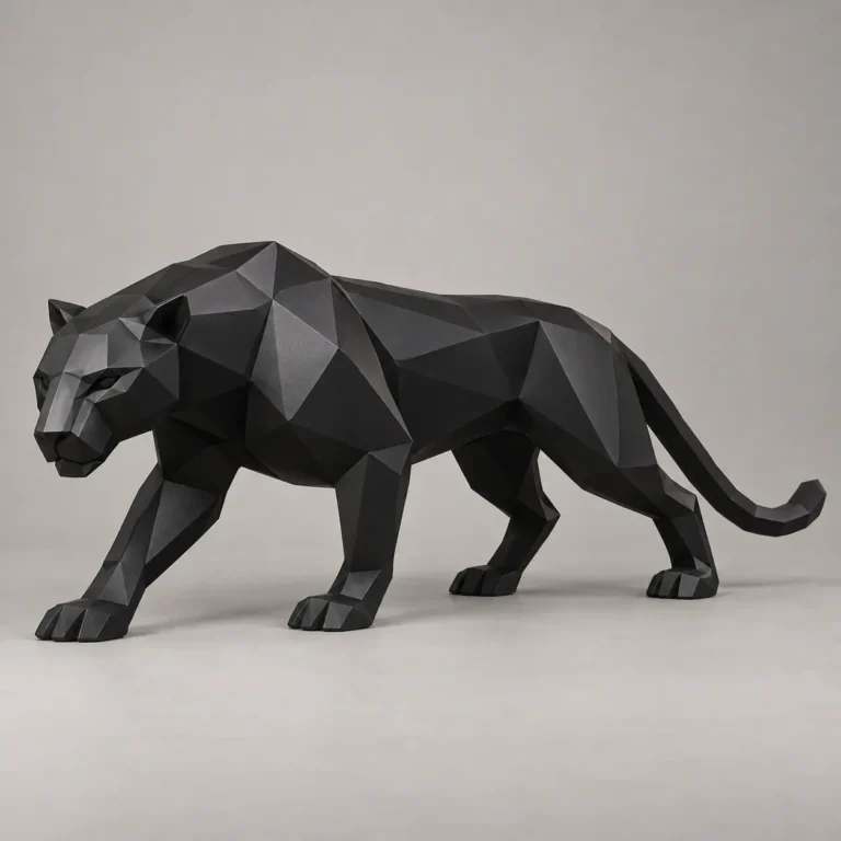 Low-poly black panther sculpture in metal, prowling with its head lowered