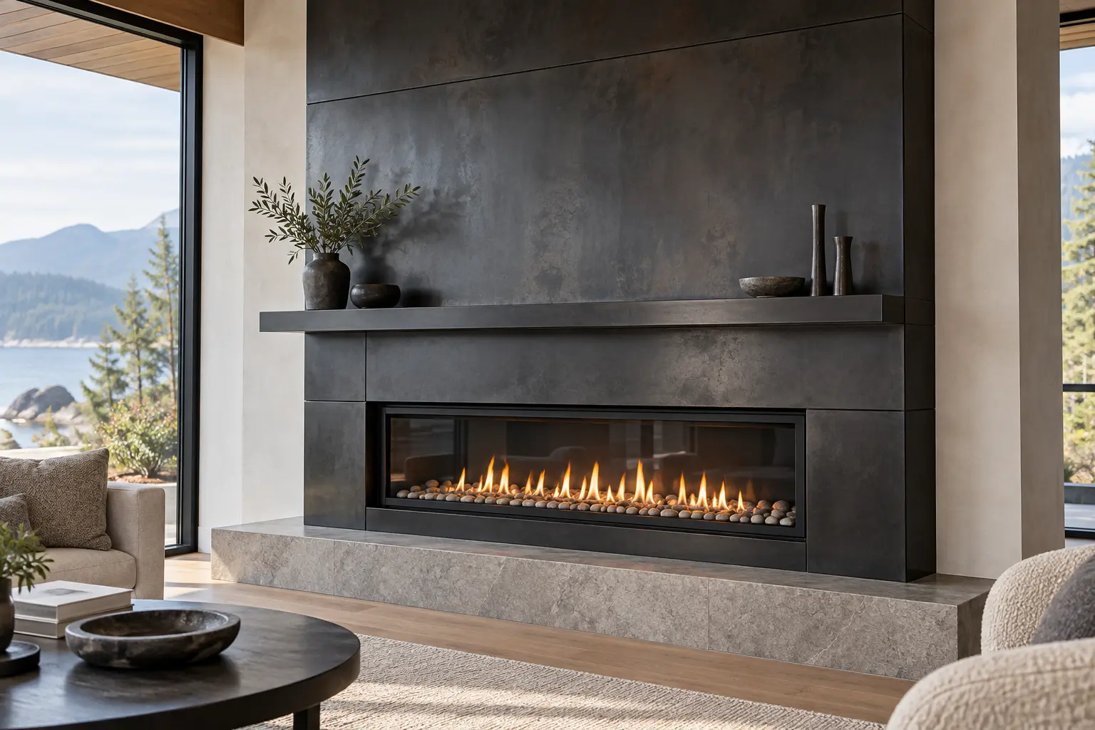 Blackened steel fireplace surround with a floating steel mantel shelf in a living room