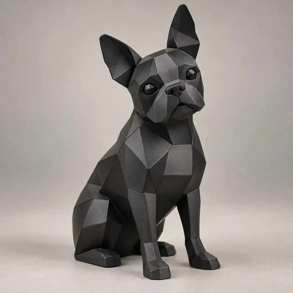 Geometric matte black metal Boston Terrier sculpture sitting upright with ears raised