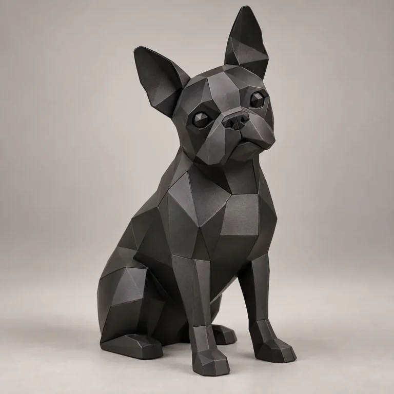 Geometric matte black metal Boston Terrier sculpture sitting upright with ears raised