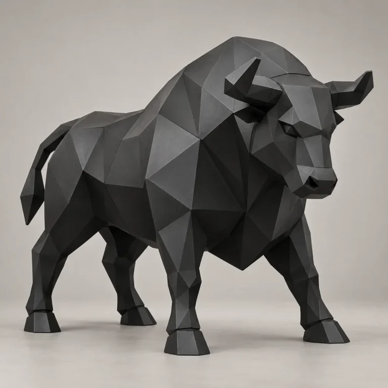 Geometric black metal bull sculpture standing with curved horns and its head turned