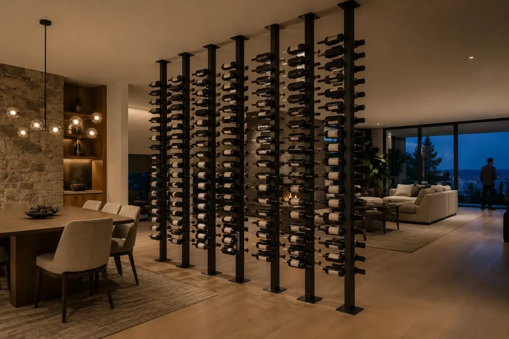 Floor-to-ceiling metal wine display used as a room divider