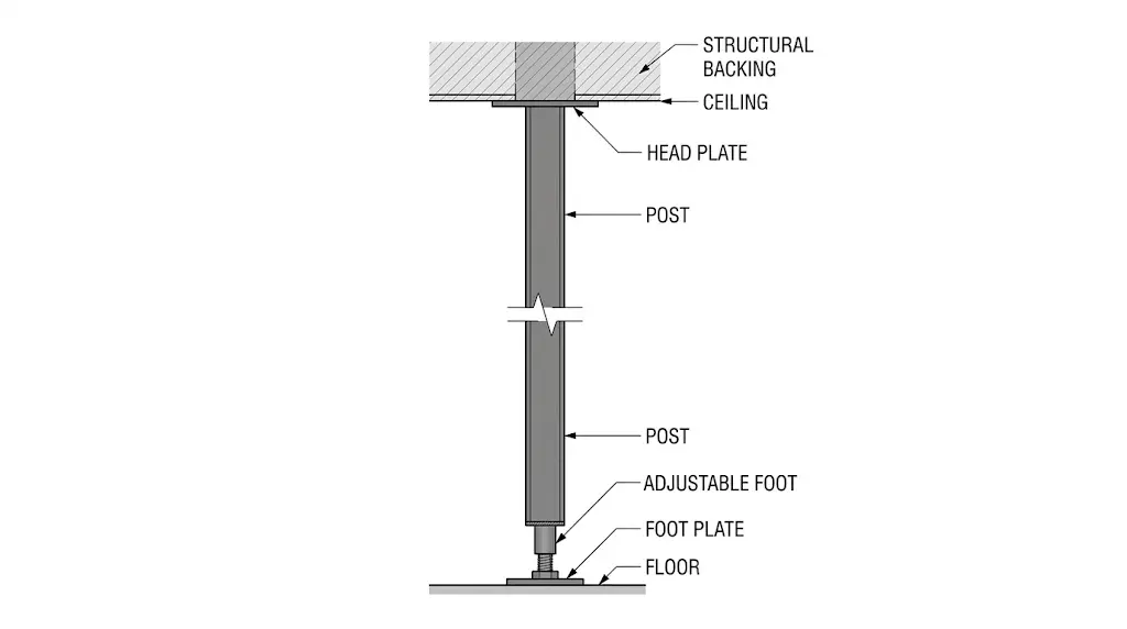 Concept detail of a floor-to-ceiling wine display post showing the head plate and adjustable foot
