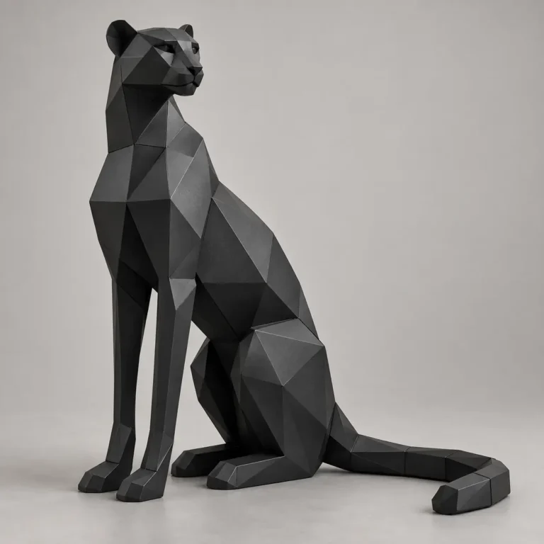 Geometric black metal cheetah sculpture sitting upright on long legs with its tail on the floor