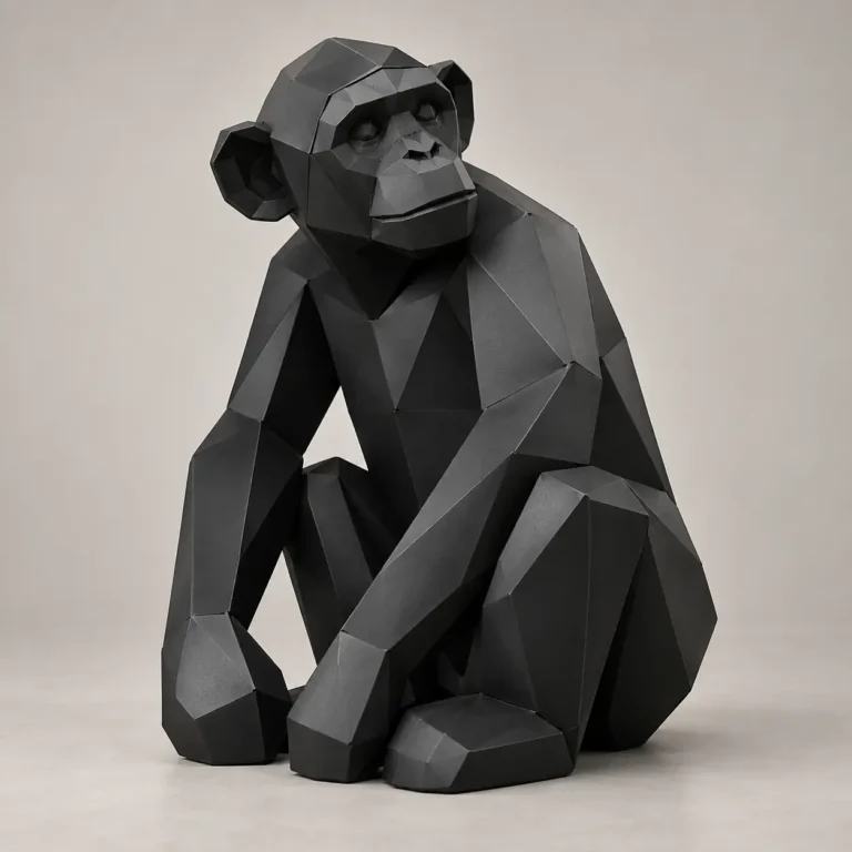 Geometric black metal chimpanzee sculpture sitting with its arms resting over its knees