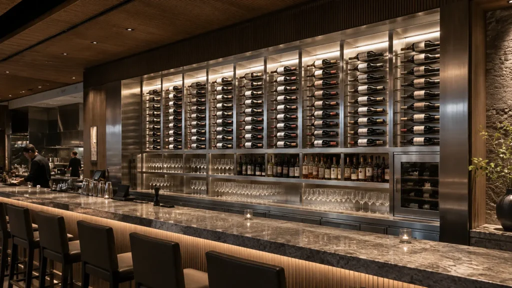 Brushed stainless architectural wine display behind a restaurant bar