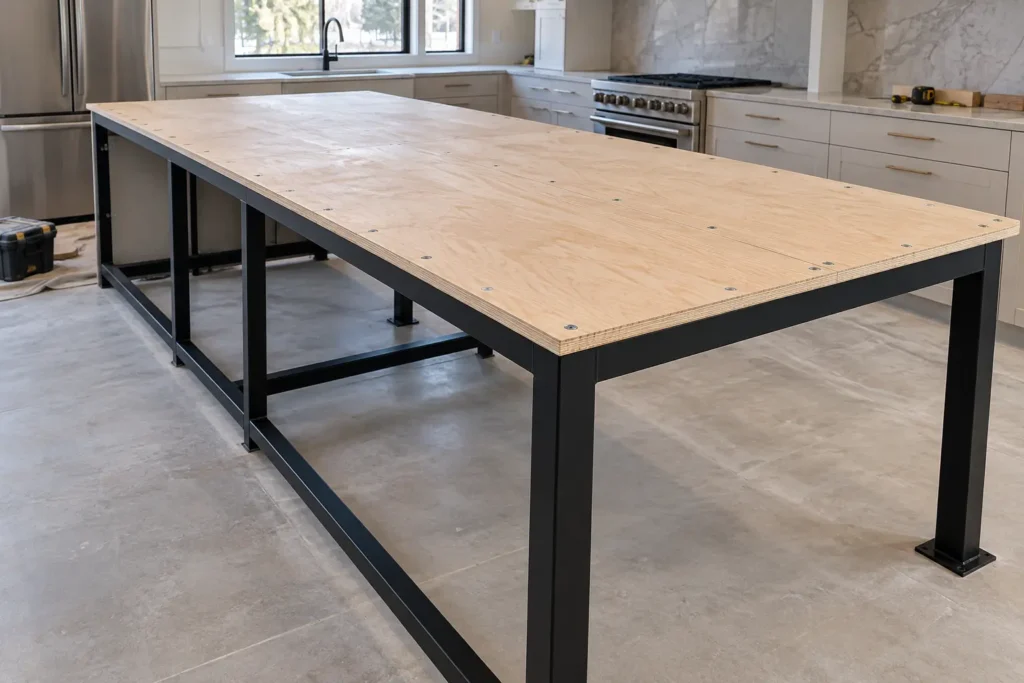 Steel support frame with a plywood substrate fixed on top, ready for stone templating