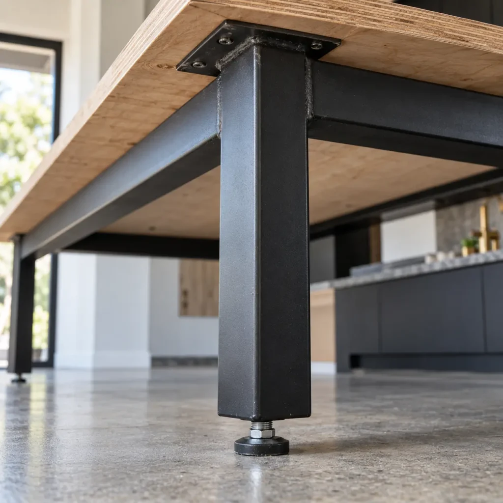 Close-up of a steel countertop support leg with a levelling foot under a plywood top