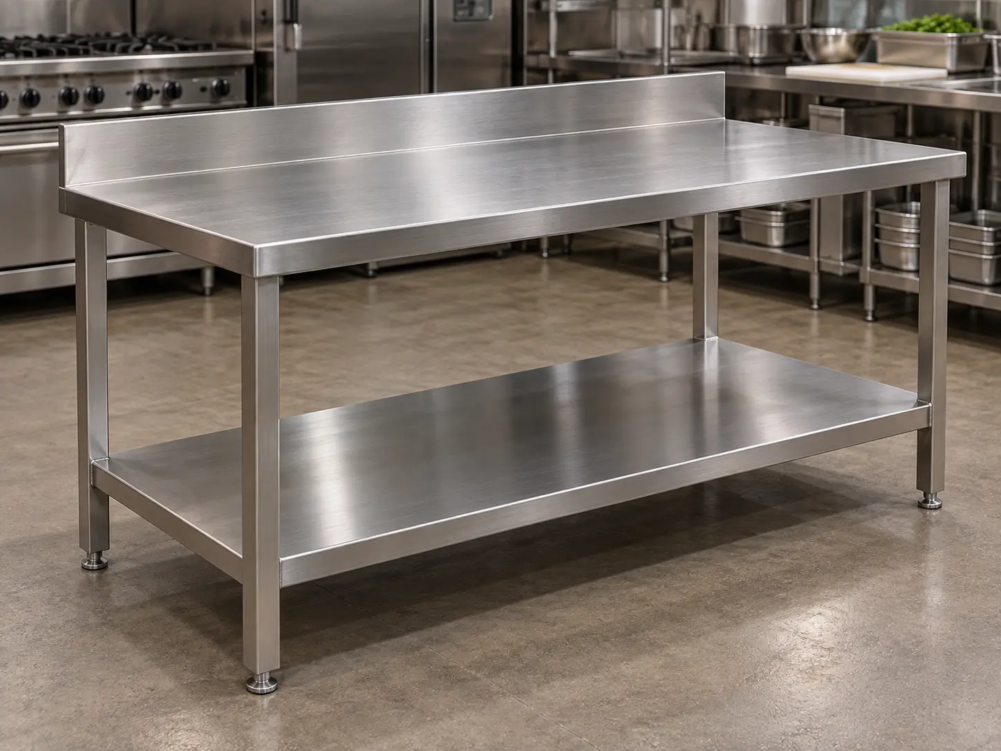 Custom stainless steel work table with an undershelf and backsplash
