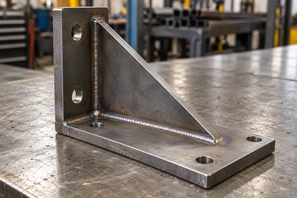 Close-up of a welded steel angle bracket with a gusset and drilled mounting holes
