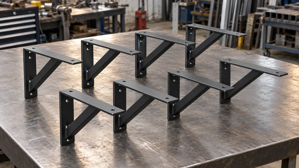 Batch of matching black steel shelf brackets on a shop workbench