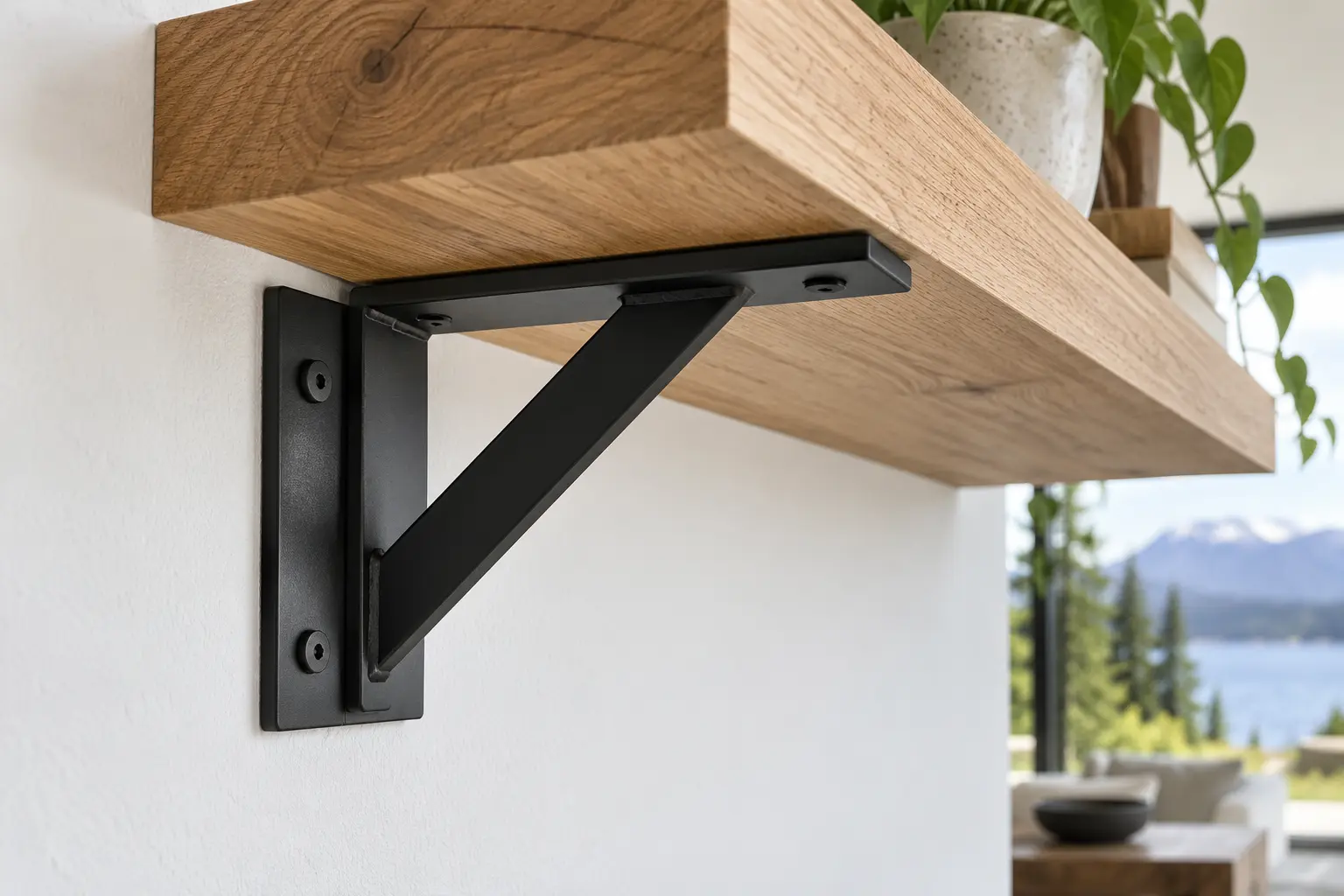 Black steel bracket fixed to a wall supporting a thick wood shelf