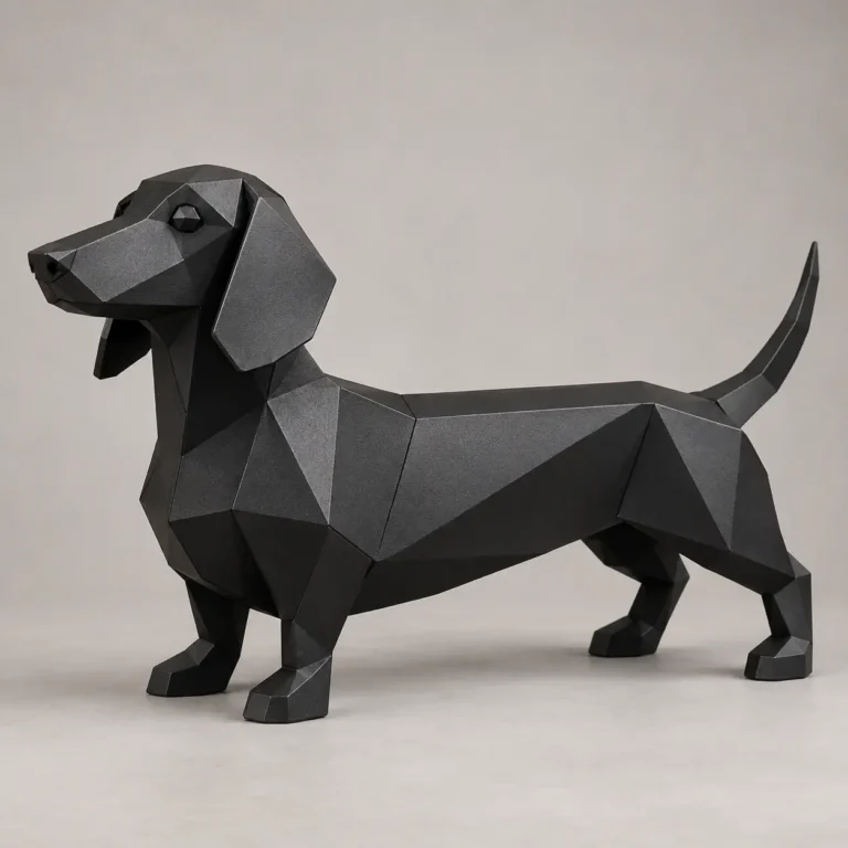 Low-poly Dachshund sculpture in black metal with a long body, long ears and raised tail