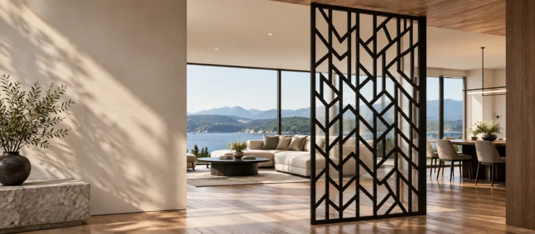 Matte black laser-cut steel screen dividing the living and dining areas of a West Coast home