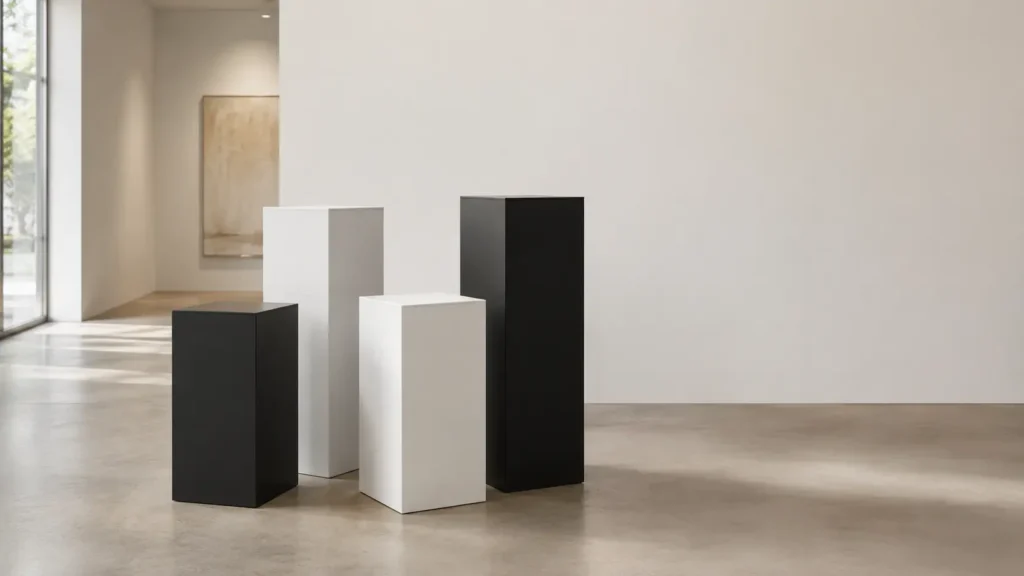 Steel display pedestals in Matte White and Matte Black
