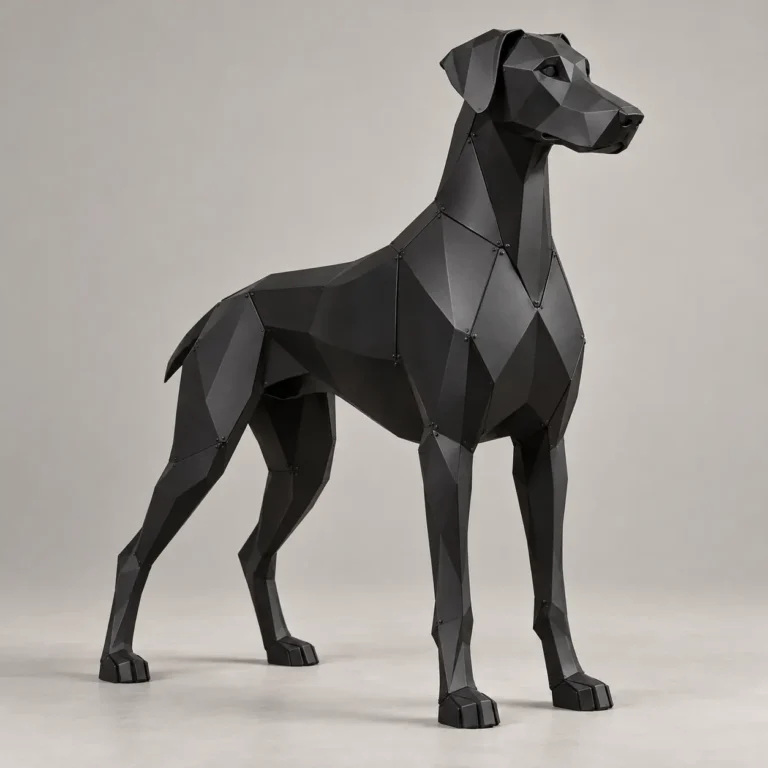 Geometric black metal Doberman sculpture standing tall on long, slender legs