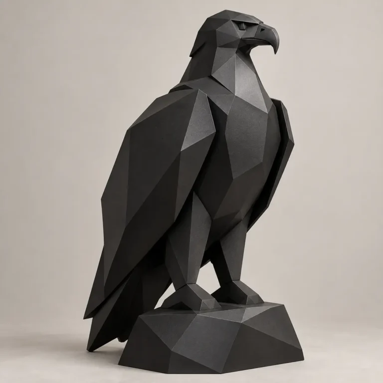 Low-poly eagle sculpture in black metal, perched on a faceted rock base