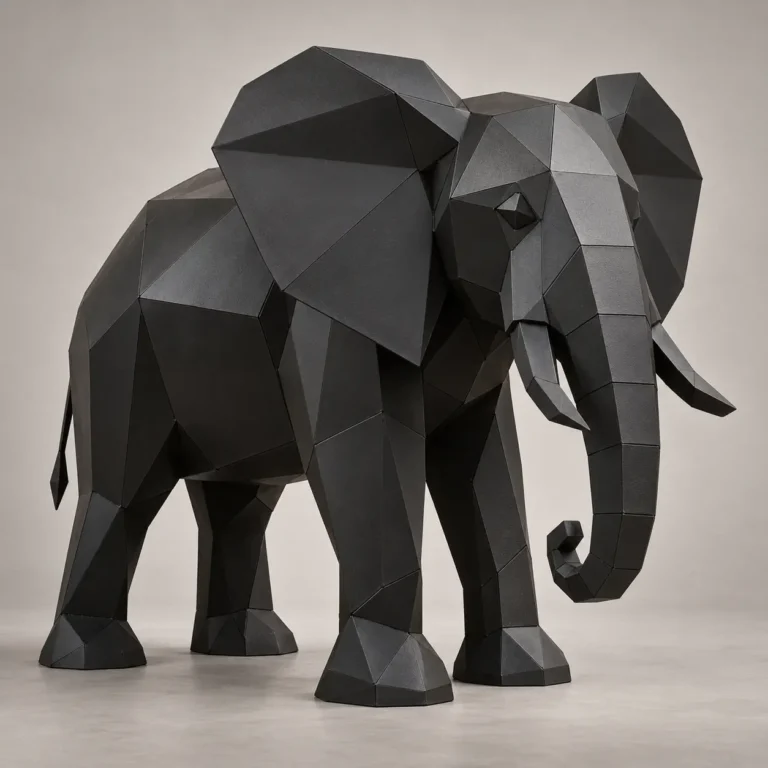 Faceted black metal elephant sculpture with large ears, tusks and a curled trunk