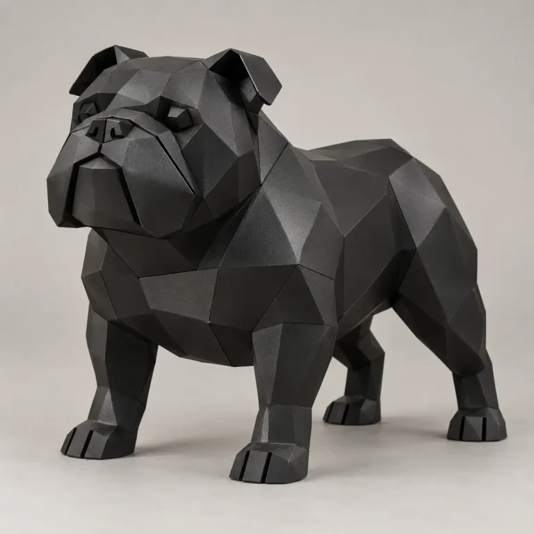 Faceted black metal English Bulldog sculpture standing in a wide, stocky stance