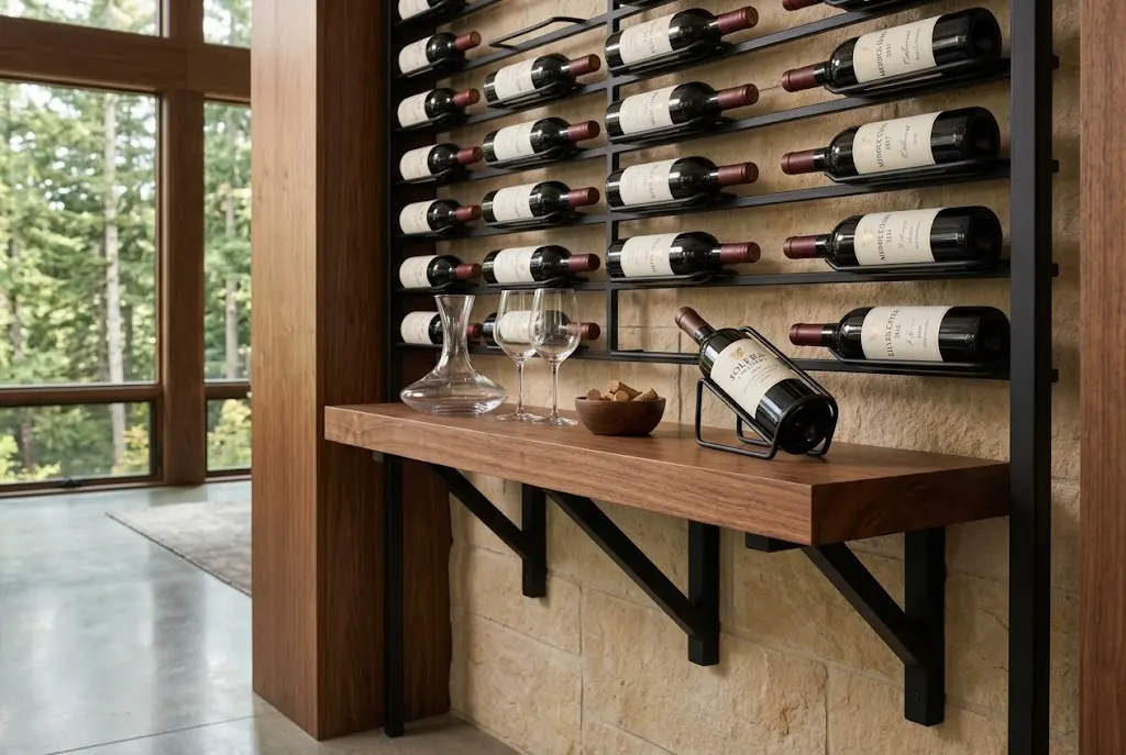 Walnut floating shelf on black steel brackets below a metal wine display wall