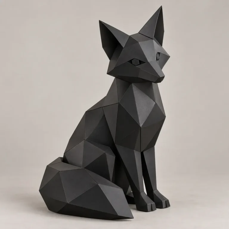 Faceted black metal fox sculpture sitting with its bushy tail wrapped in front