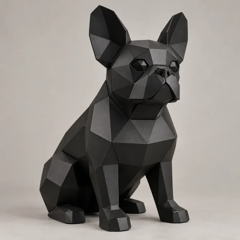 Low-poly French Bulldog sculpture in matte black metal, seated with large bat ears